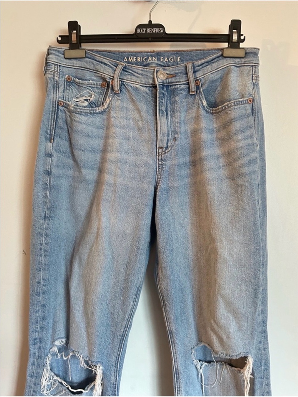 American Eagle, High-Rise Light Wash Distressed Straight-Leg Jeans - Light Blue - Picture 7 of 9